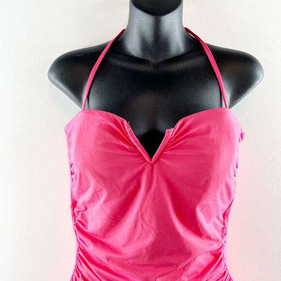 Tommy Bahama Halter Ruched V Cut One Piece Swimsuit Pink 12 - Picture 7 of 7